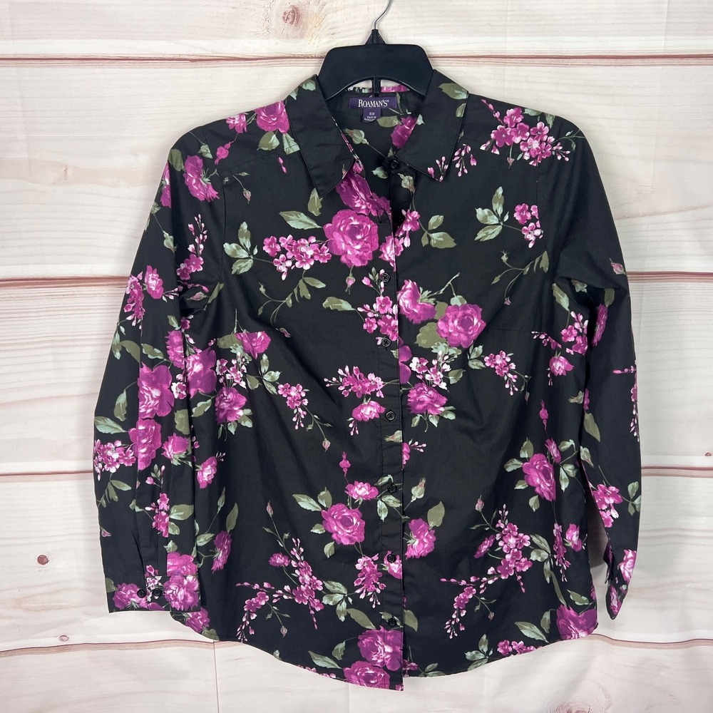 Roamans Top Womens 16W Black Floral Shirt Button Up Oxford Long Sleeve Collared